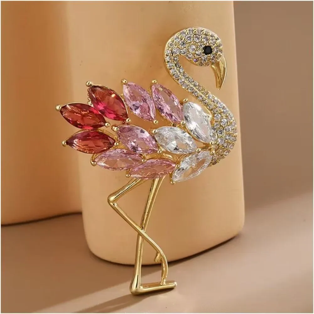 Flamingo Brooch Pin Pink & Clear Rhinestones & Crystals Delicate Animal Bird Pin